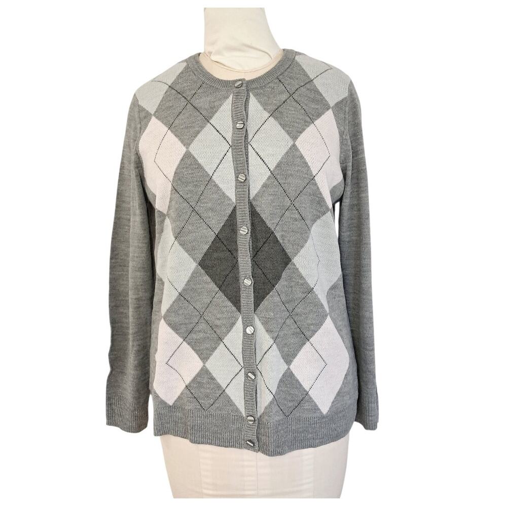 CRATE & BARROW Gray Argyle Cardigan Sz M Pink Lt Blue Button-Down Preppy Sweater